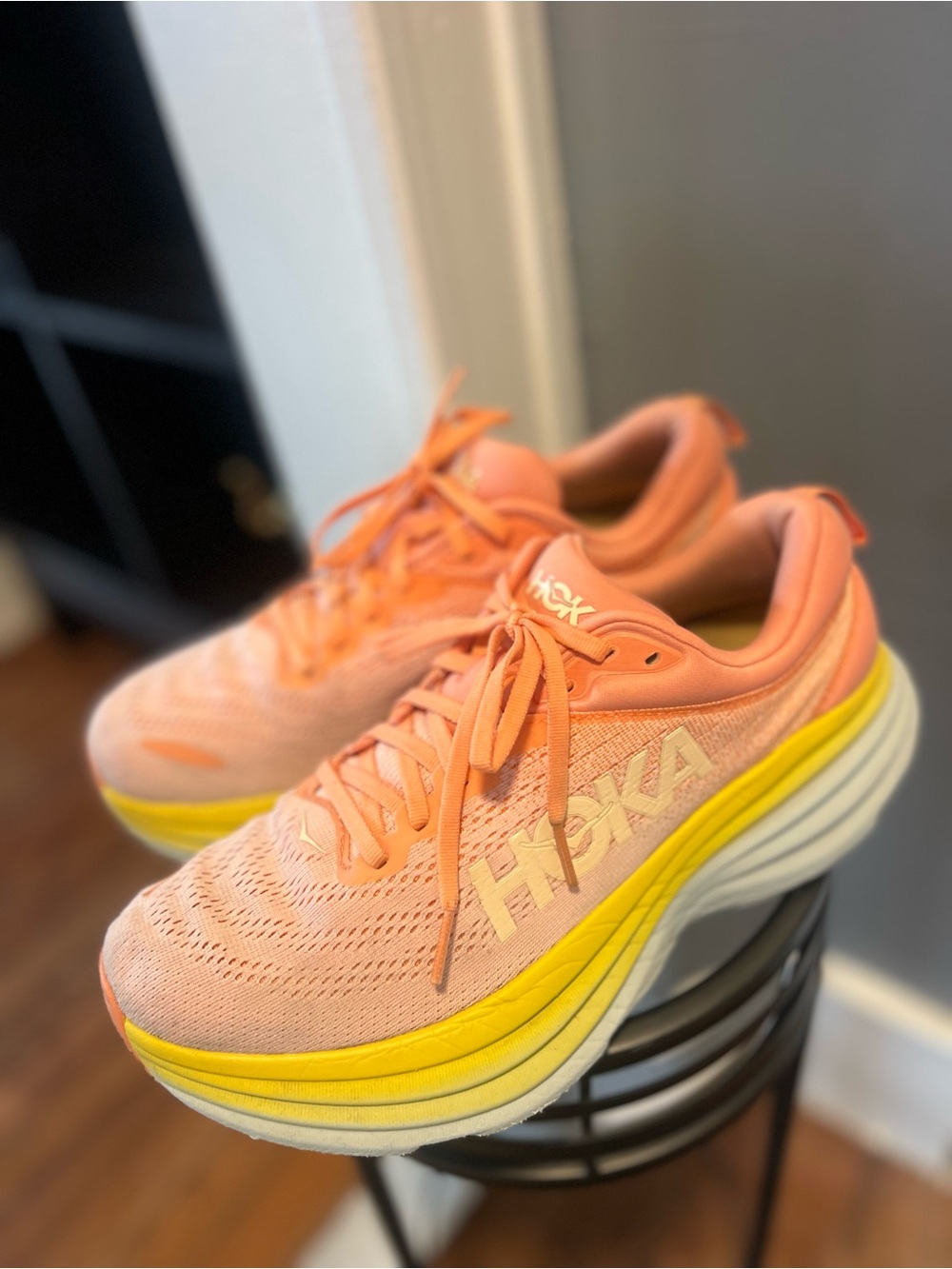 Hoka one one women 10B Low Top Lace-Up Athletic Sneaker Mesh Rubber Pink/Yellow